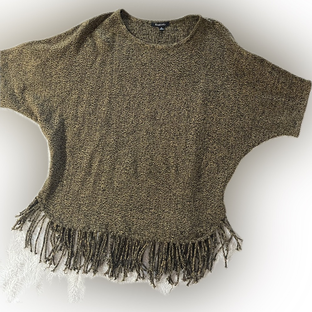 Relativity Black and Tan Fringe Poncho Sweater
